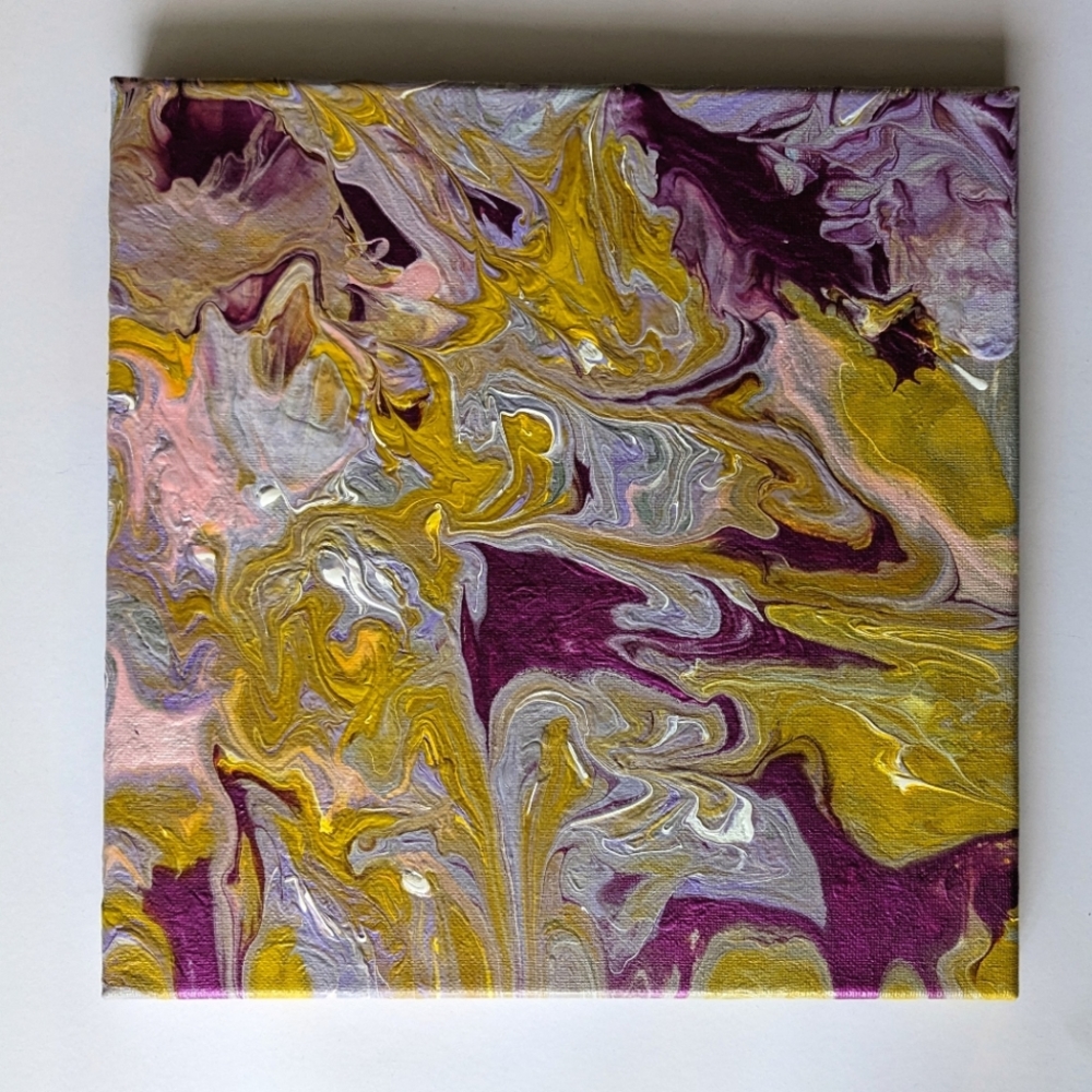 Hand Crafted Acrylic Pour Painting Yellow and Purple 10x10